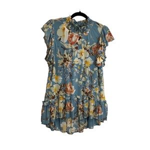 LIFE Love is for Eternity Blue Floral High Neck Keyhole Ruffle Top Womens Size M